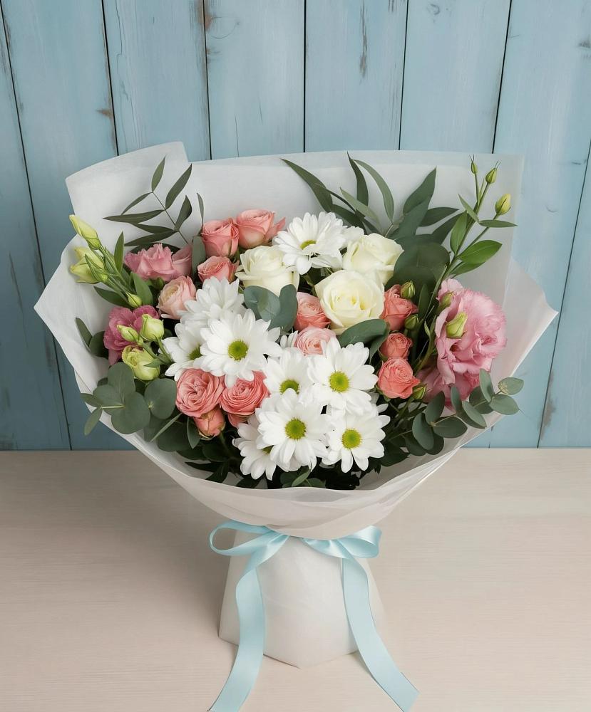 Букет цветов из: Розы, Лизиантусы и Хризантемы в Грабово