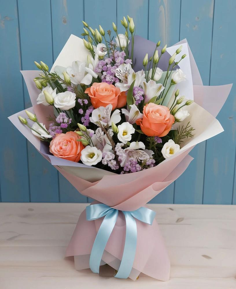 Букет цветов из: Лизиантусы, Розы, Альстромерии и Гипсофила в Грабово