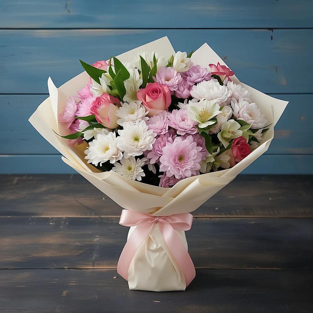 Букет цветов из: Хризантемы, Альстромерии и Розы в Грабово